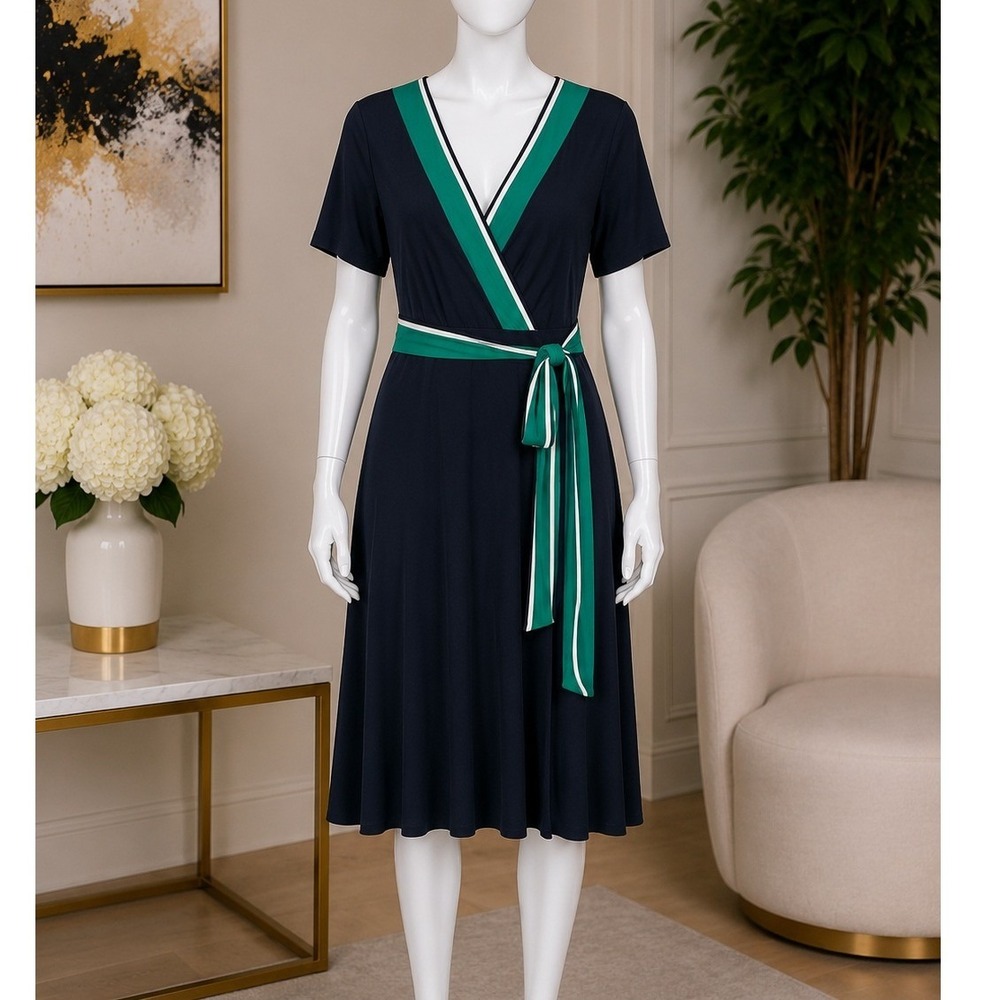 Tiana B Womens Dress Navy Blue Green Colorblock Wrap Tie Waist Medium